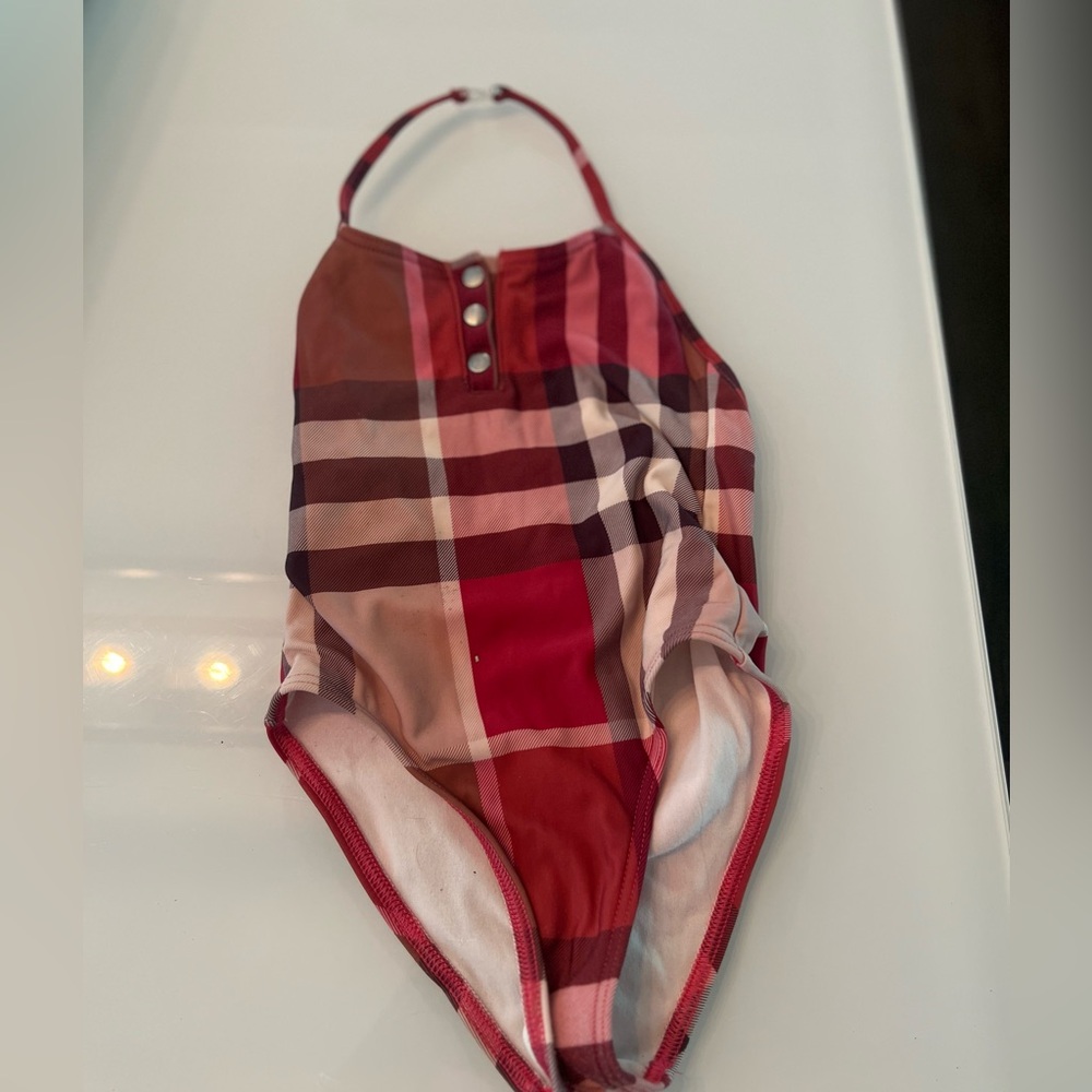 Girls authentic Burberry red plaid halter swimsuit - size 4T.